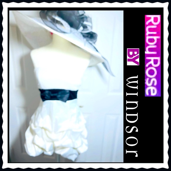 “ Ruby Rose”White Strapless Sequins Black-Bow-Sash-Belt Bubble-Hem Mini Dress - Picture 1 of 12